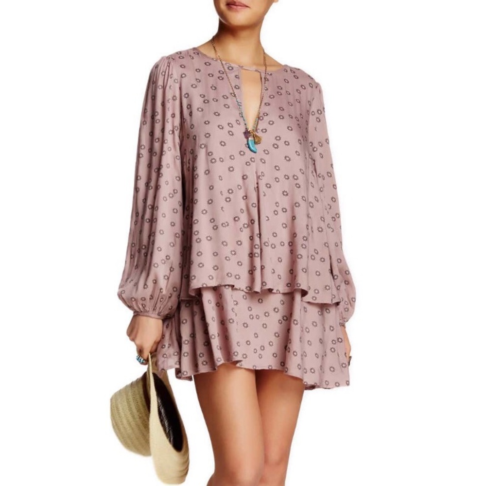 Free People NY Printed Mini Dress in Taupe Combo
